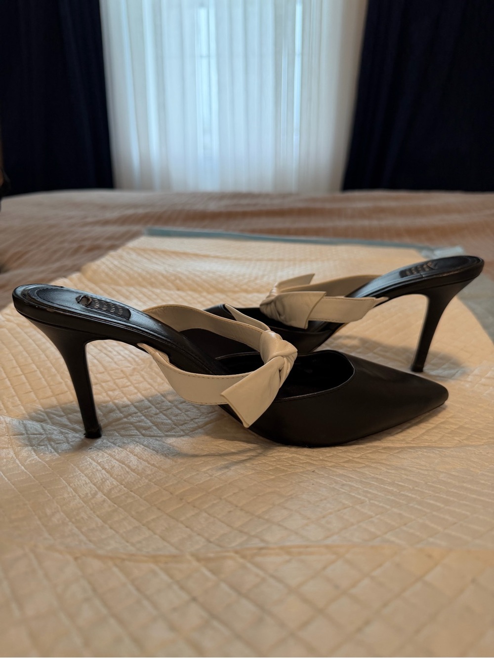 White House Black Market Black Pointed Mule Heels with Cream Knot Strap